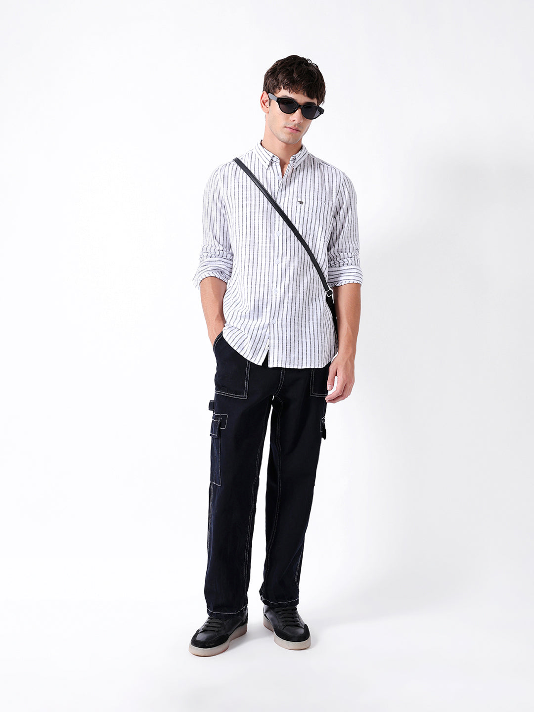 White Slim Fit Casual Shirt with Woven Vertical Stripes