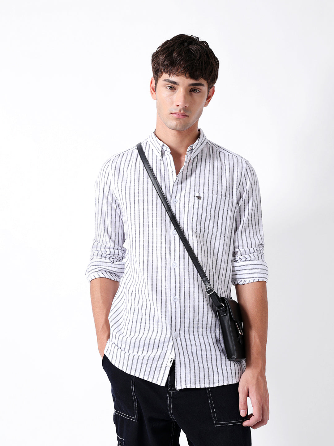 White Slim Fit Casual Shirt with Woven Vertical Stripes