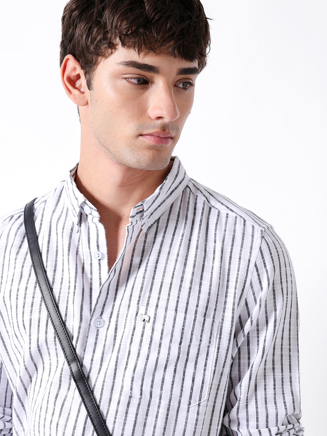 White Slim Fit Casual Shirt with Woven Vertical Stripes