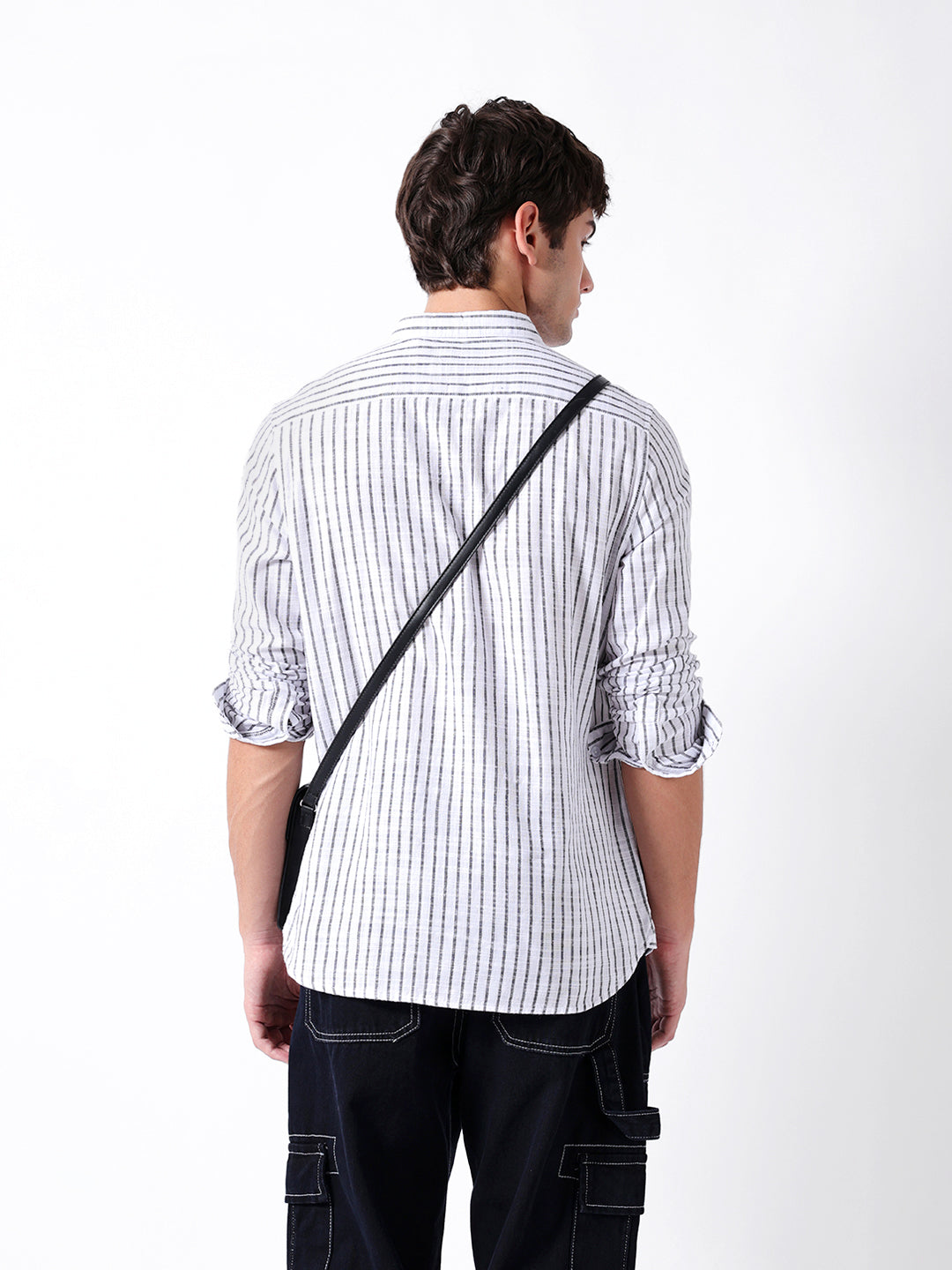 White Slim Fit Casual Shirt with Woven Vertical Stripes
