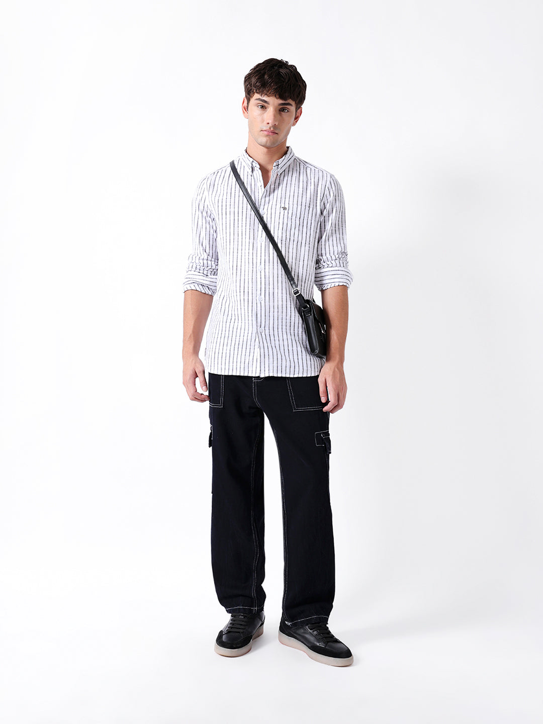 White Slim Fit Casual Shirt with Woven Vertical Stripes