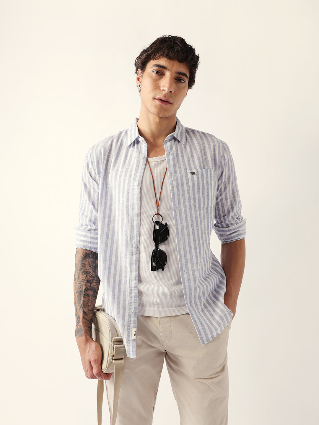 White & Blue Woven Vertical Striped Slim Fit Casual Shirt
