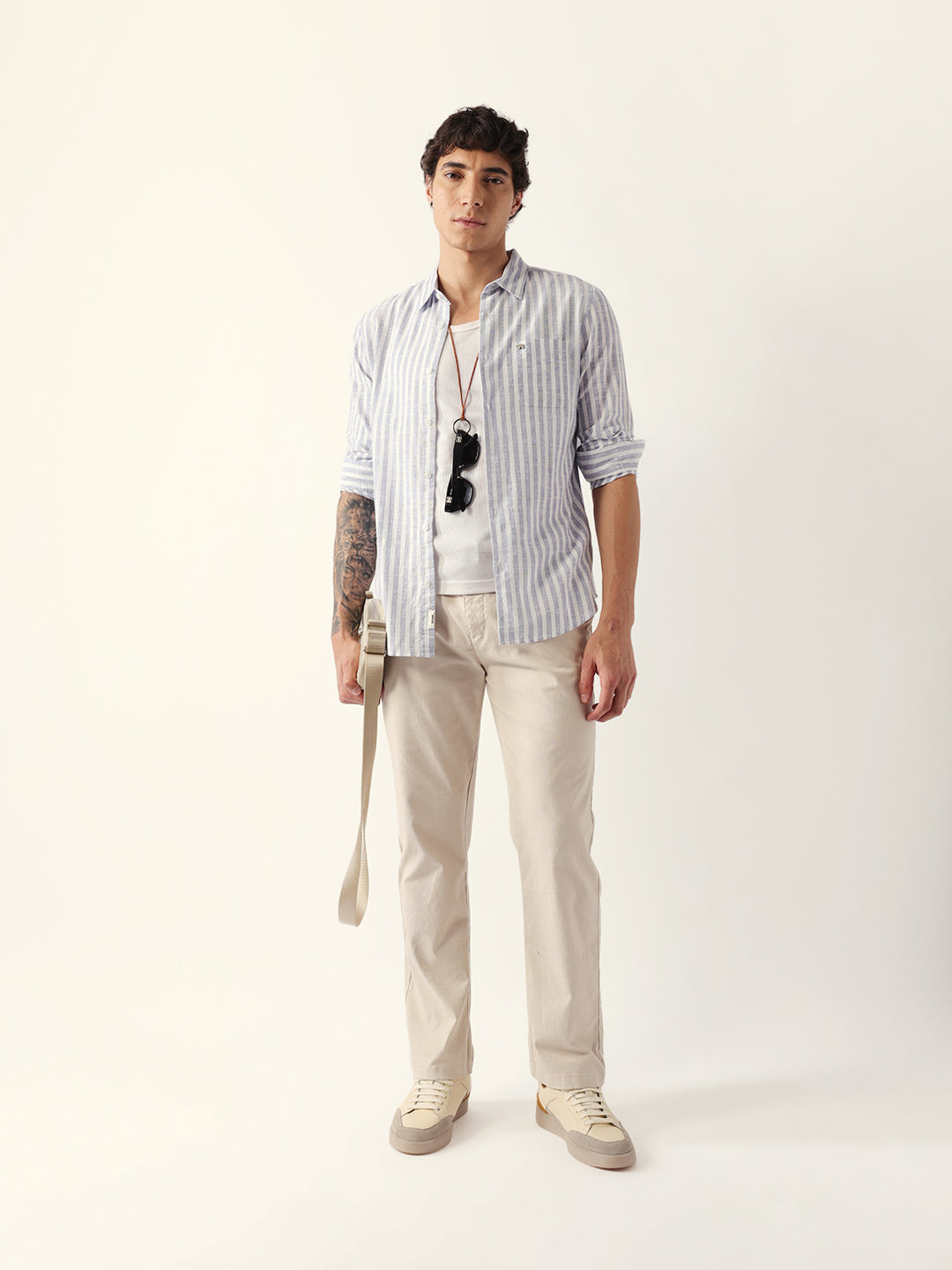 White & Blue Woven Vertical Striped Slim Fit Casual Shirt