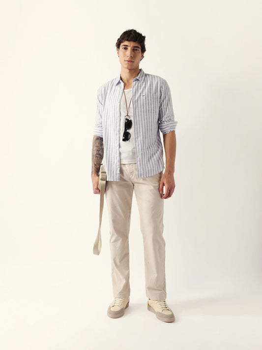 White & Blue Woven Vertical Striped Slim Fit Casual Shirt