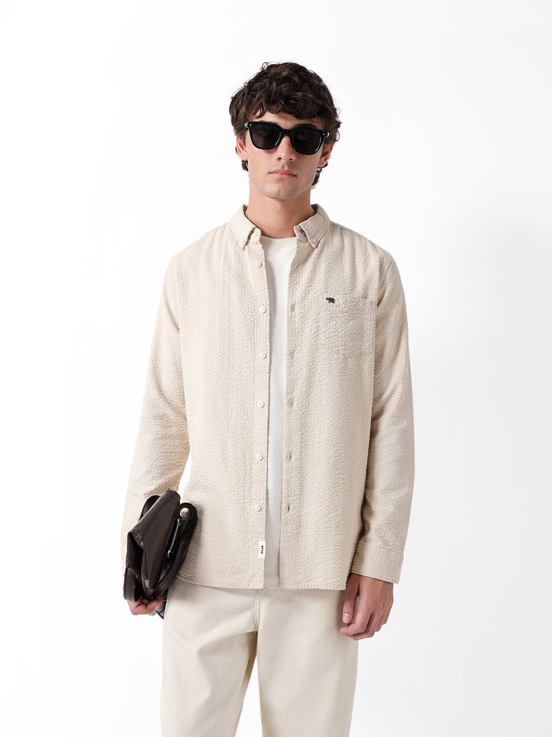 Beige Slub-Textured Woven Slim Fit Casual Shirt