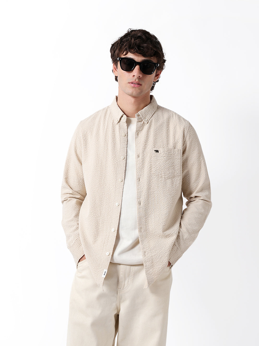 Beige Slub-Textured Woven Slim Fit Casual Shirt