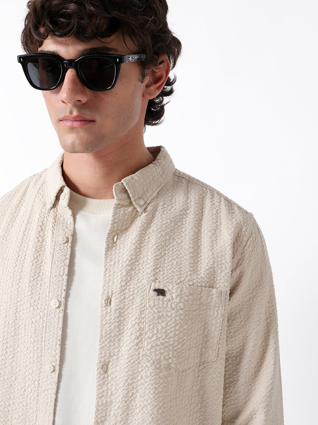 Beige Slub-Textured Woven Slim Fit Casual Shirt