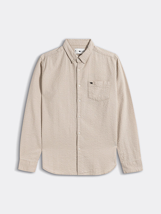 Beige Slub-Textured Woven Slim Fit Casual Shirt