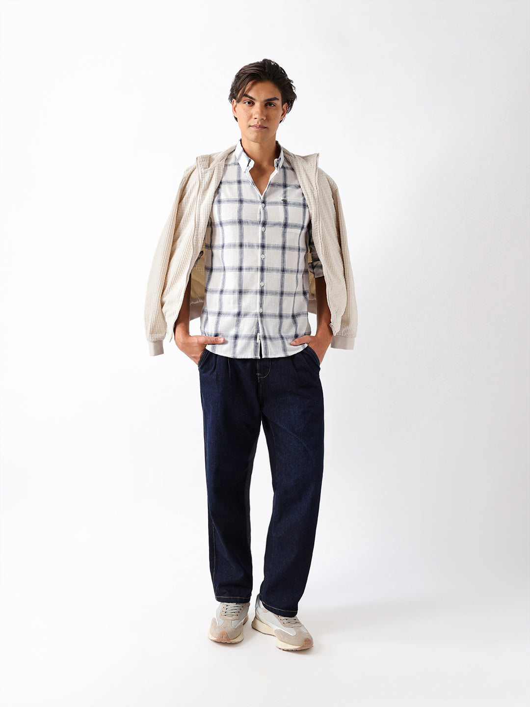 Blue & White Woven Check Slim Fit Casual Shirt