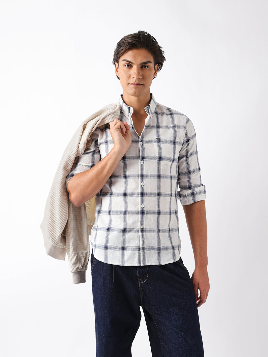 Blue & White Woven Check Slim Fit Casual Shirt