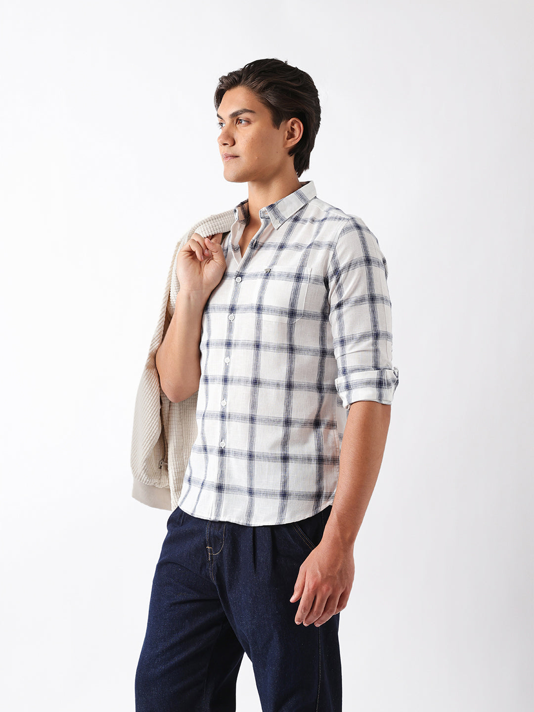 Blue & White Woven Check Slim Fit Casual Shirt