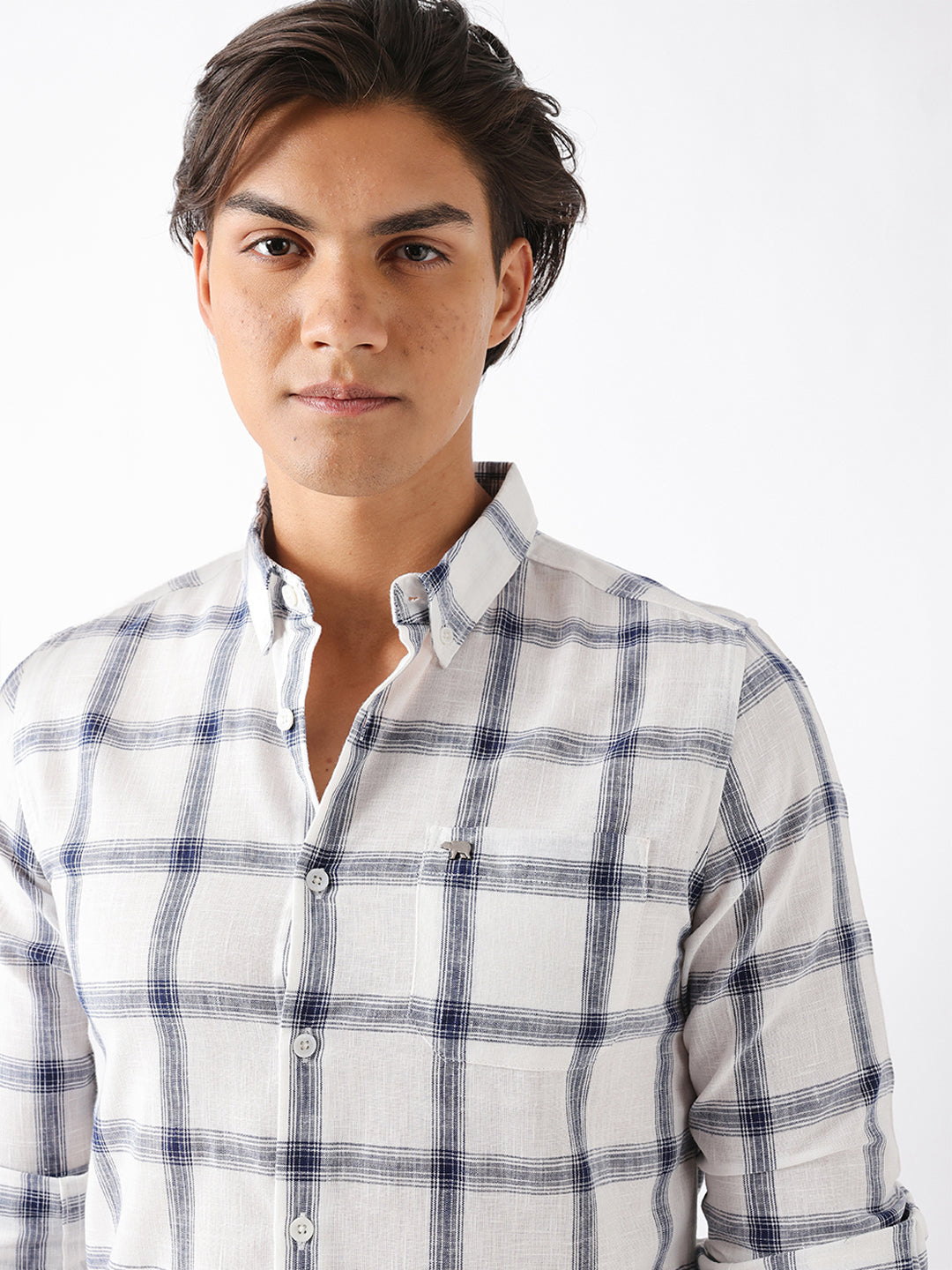 Blue & White Woven Check Slim Fit Casual Shirt