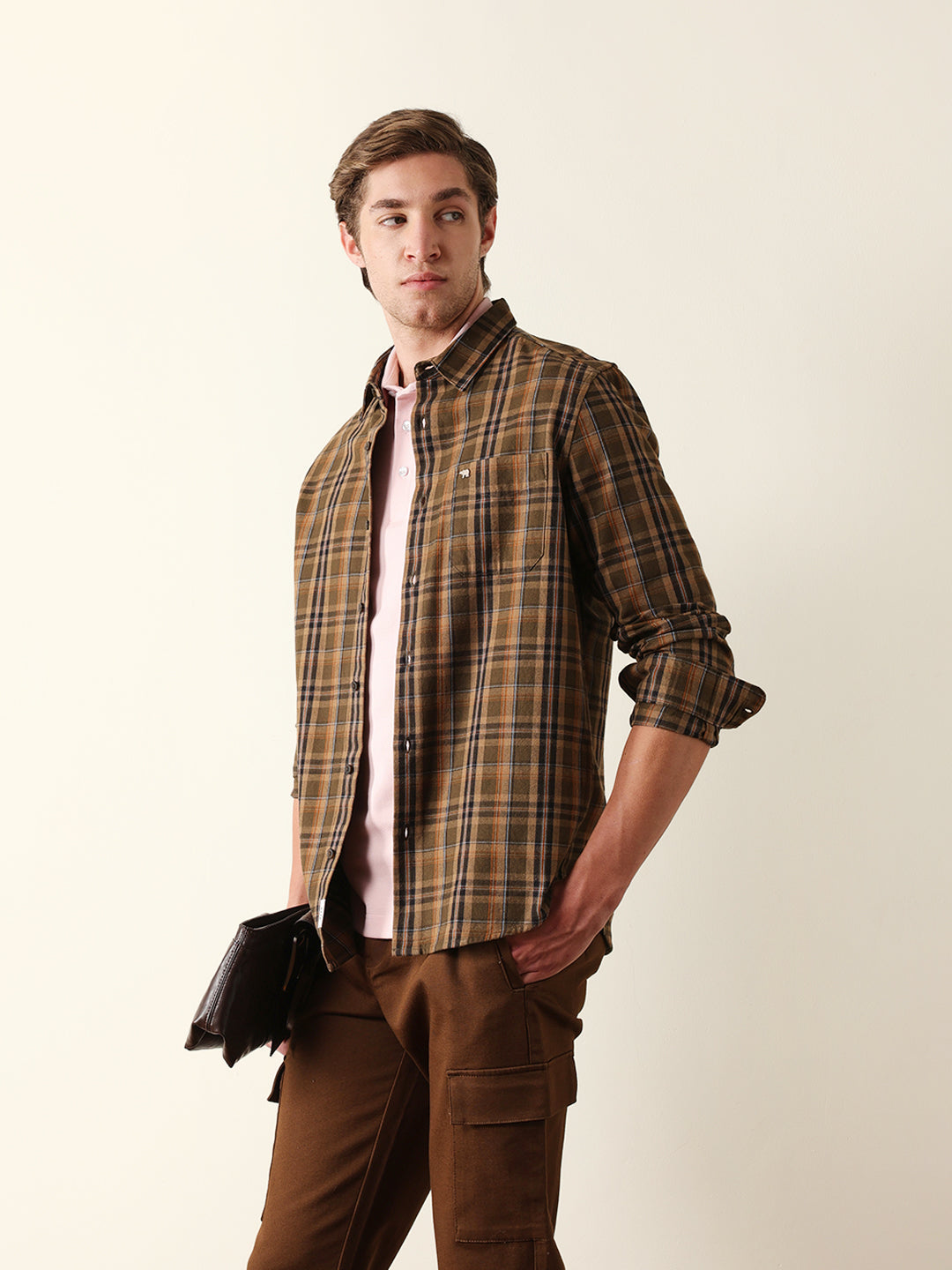 Olive Regular Fit Woven Checked Casual Shirt