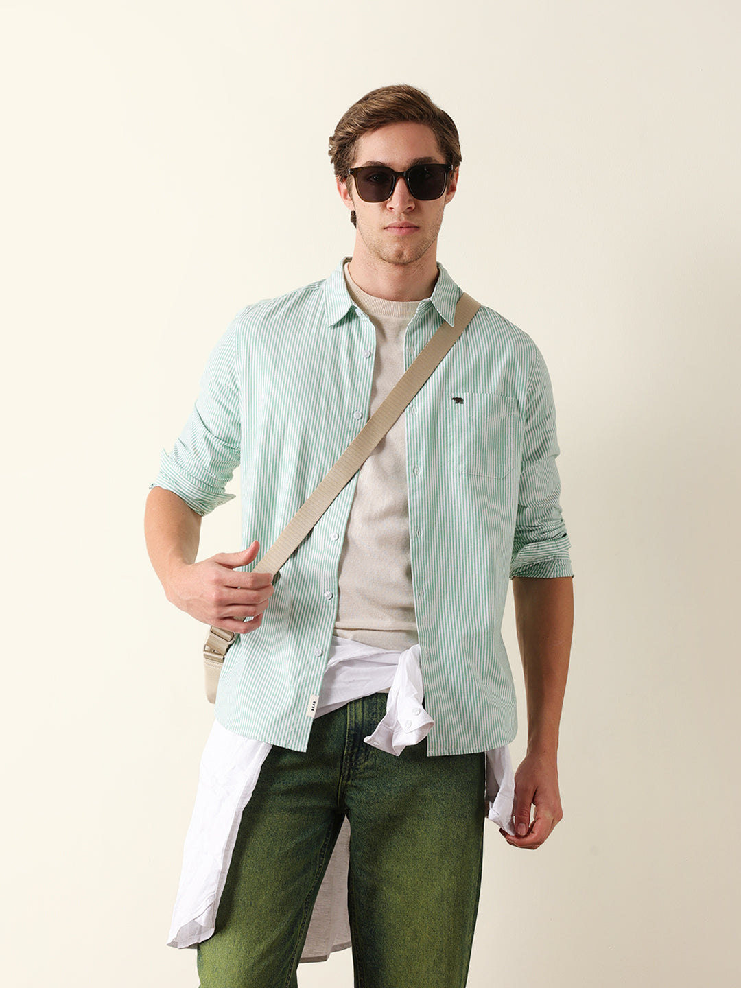 Green & White Vertical Woven Pinstriped Slim Fit Casual Shirt