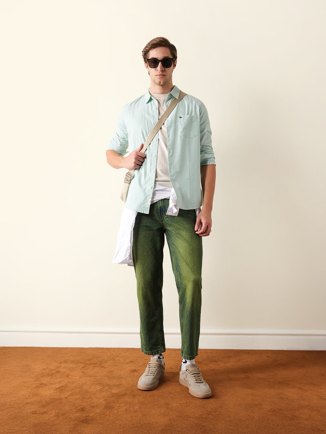 Green & White Vertical Woven Pinstriped Slim Fit Casual Shirt