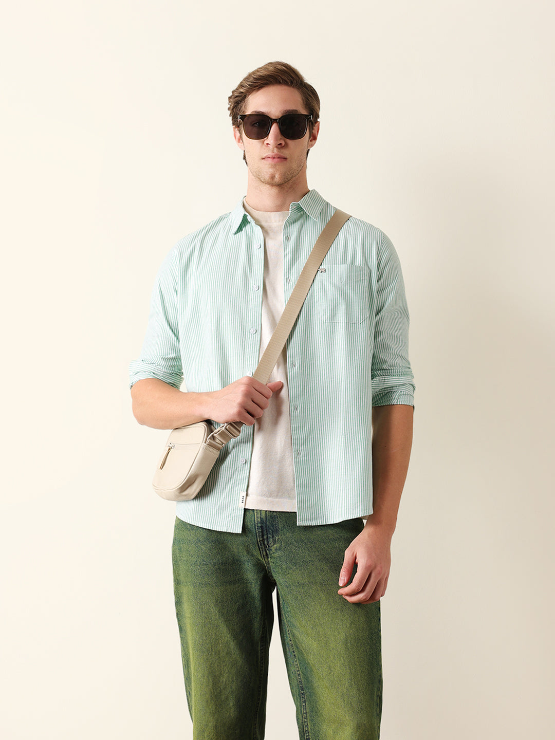 Green & White Vertical Woven Pinstriped Slim Fit Casual Shirt