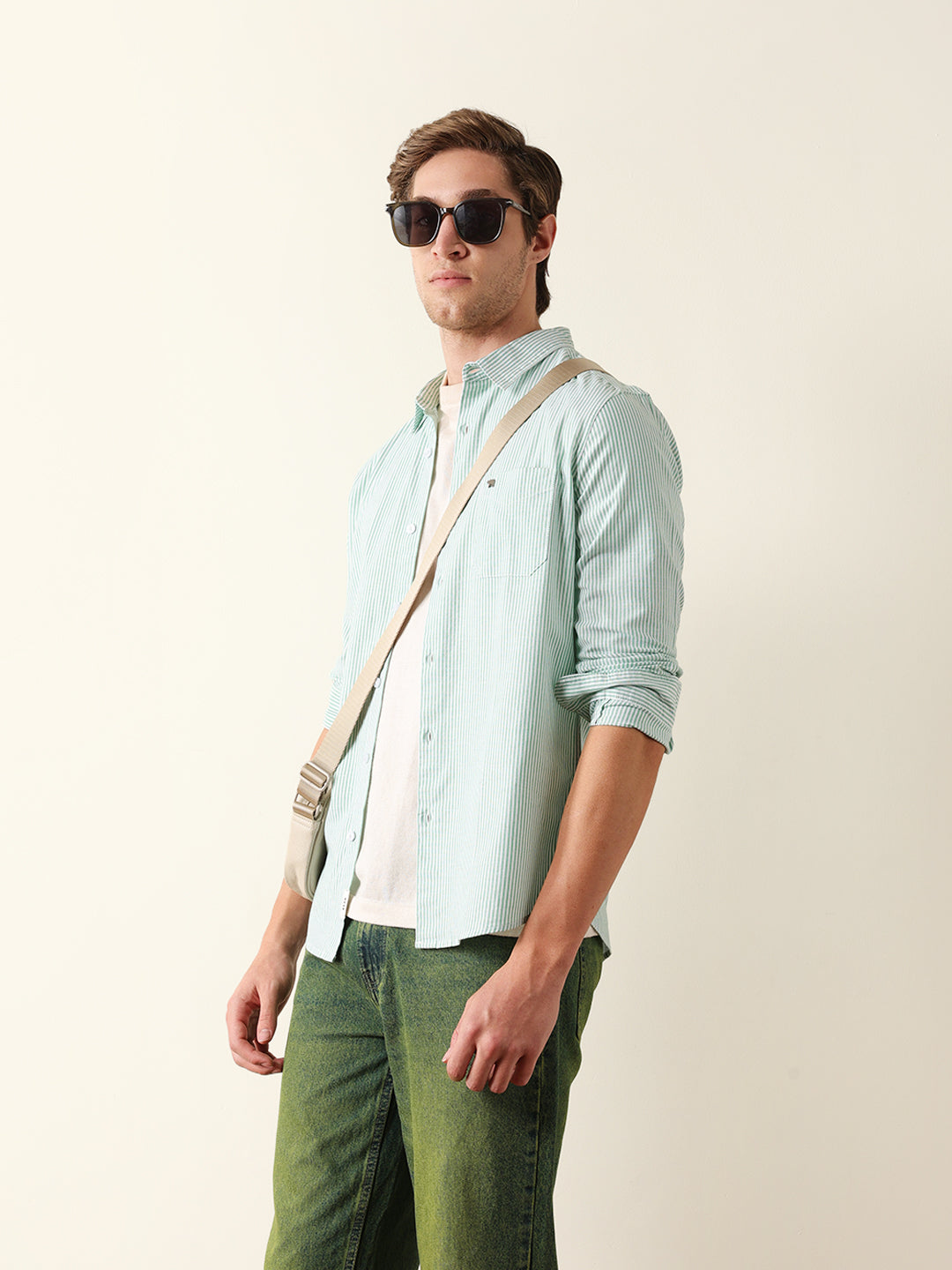 Green & White Vertical Woven Pinstriped Slim Fit Casual Shirt
