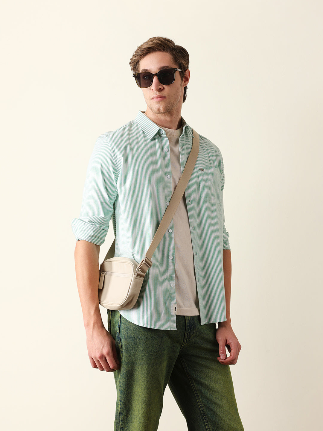 Green & White Vertical Woven Pinstriped Slim Fit Casual Shirt