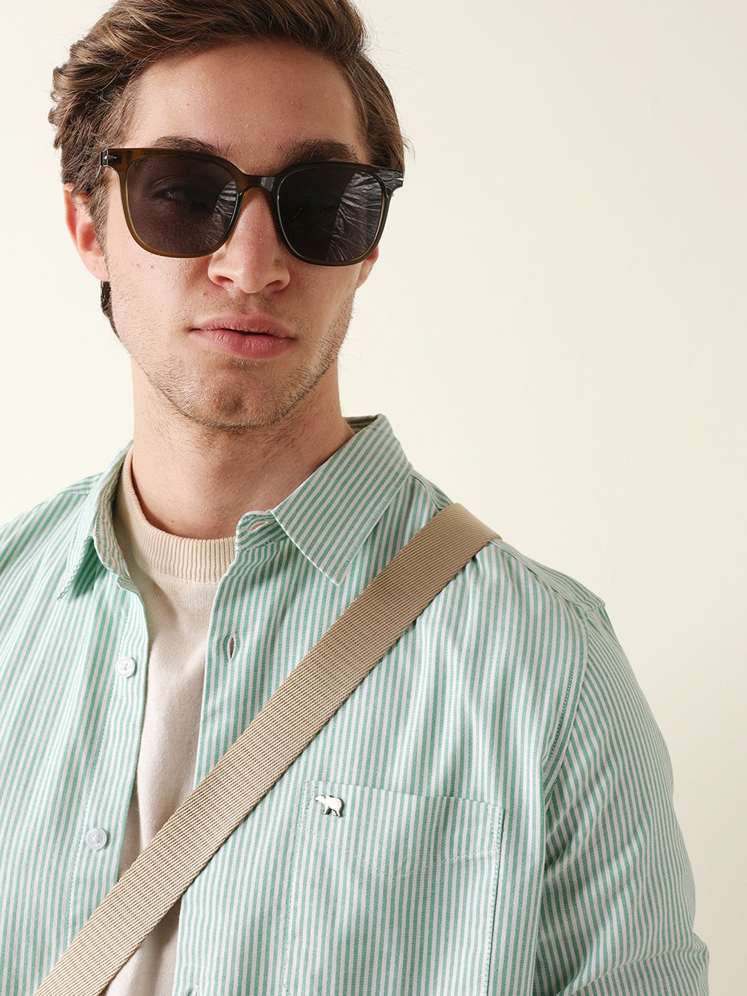 Green & White Vertical Woven Pinstriped Slim Fit Casual Shirt