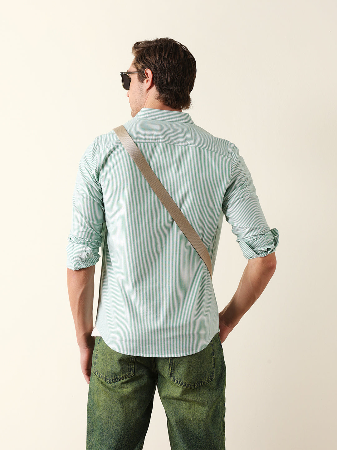 Green & White Vertical Woven Pinstriped Slim Fit Casual Shirt