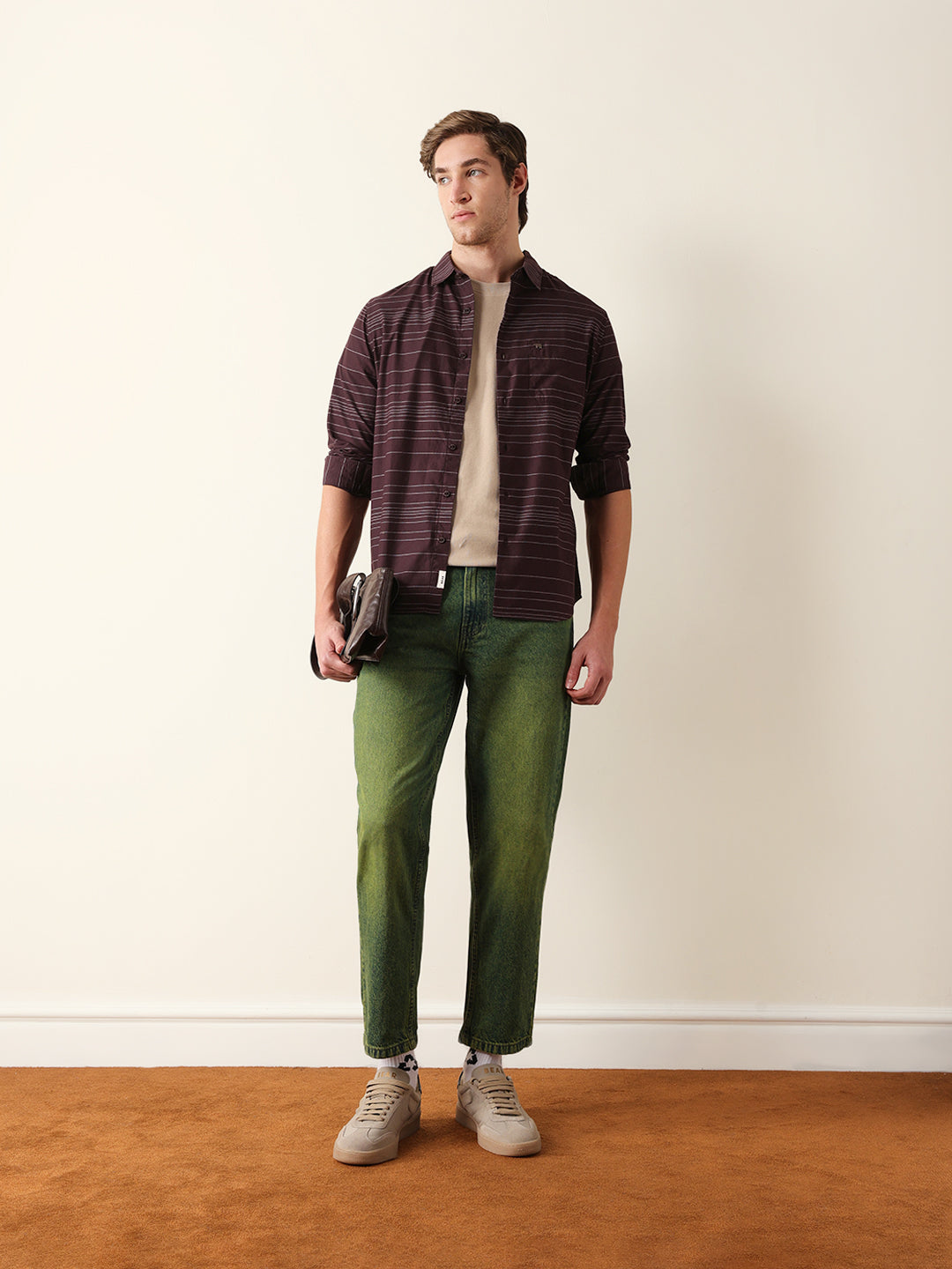 Brown Slim Fit Casual Shirt with Horizontal Woven Stripe