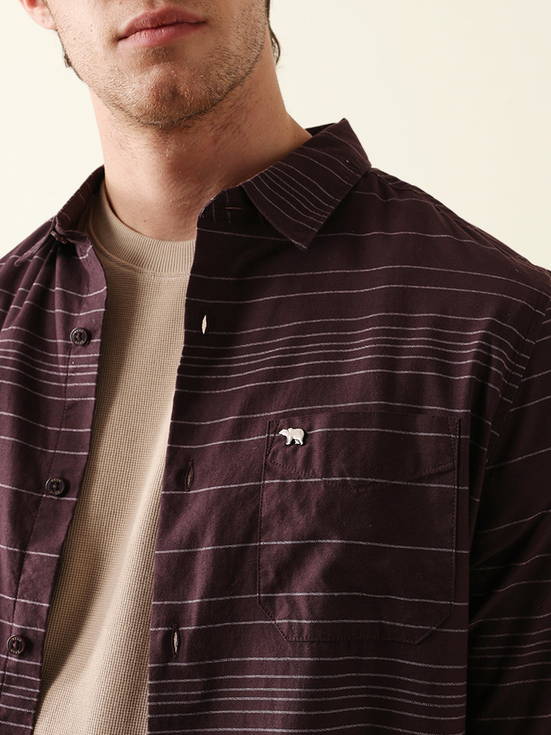 Brown Slim Fit Casual Shirt with Horizontal Woven Stripe