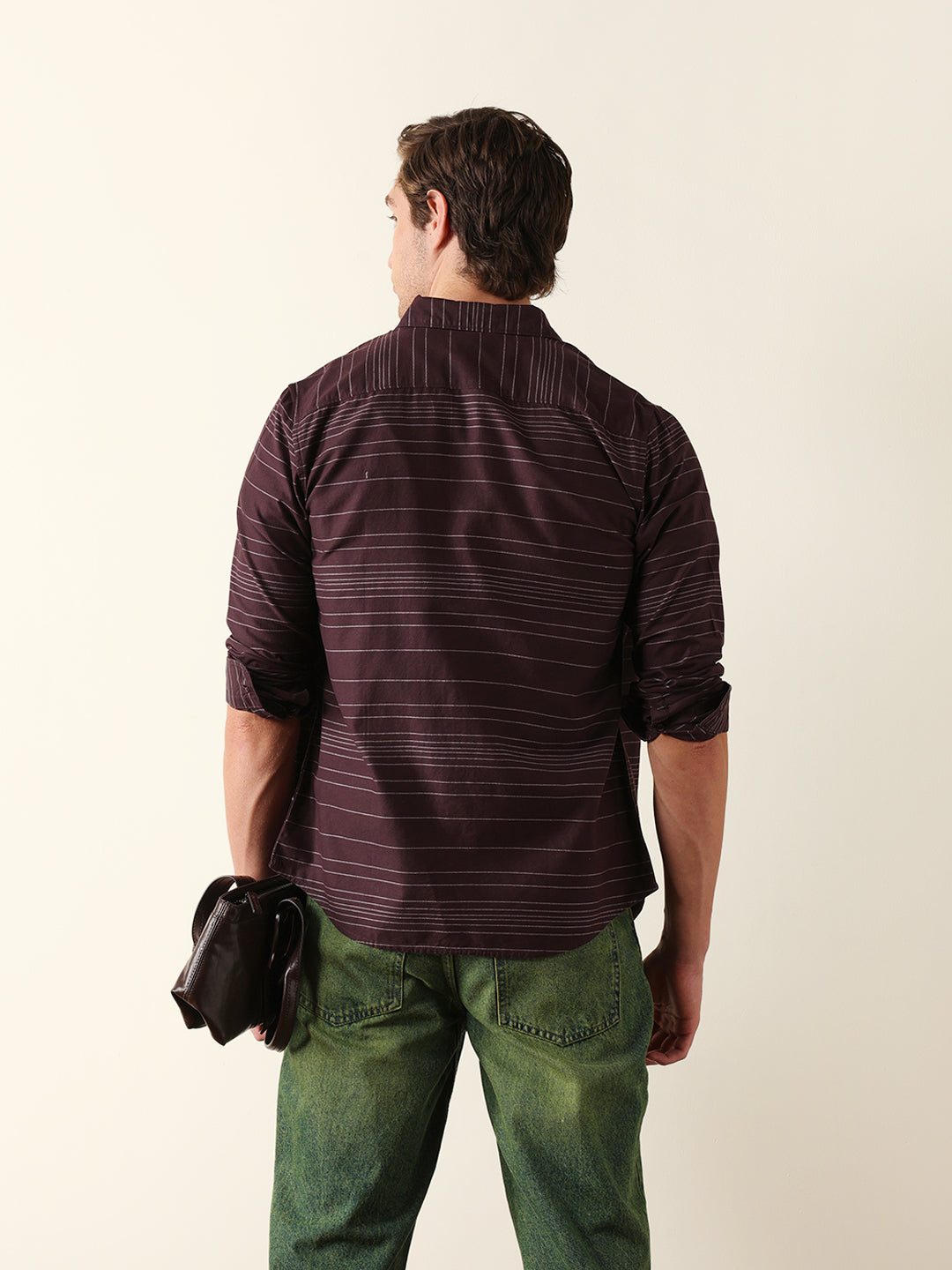Brown Slim Fit Casual Shirt with Horizontal Woven Stripe