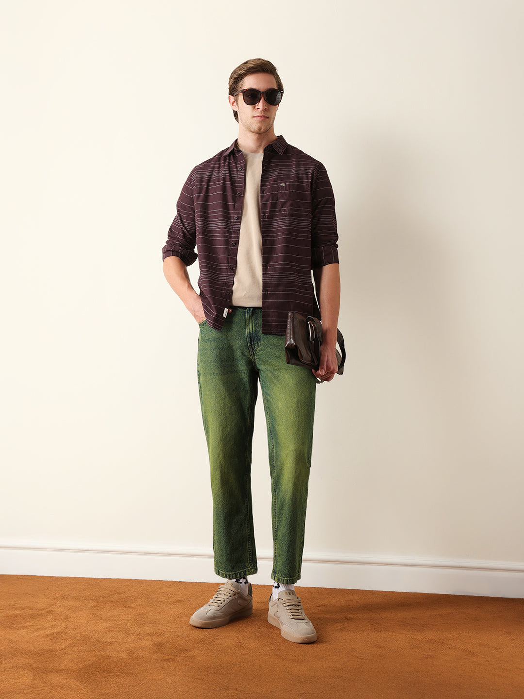 Brown Slim Fit Casual Shirt with Horizontal Woven Stripe