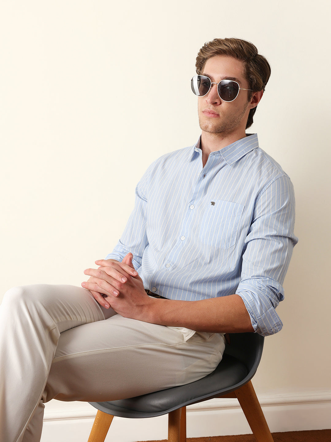 Blue Slim Fit Casual Shirt with White Vertical Stripes