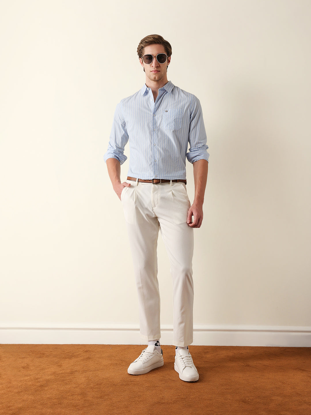 Blue Slim Fit Casual Shirt with White Vertical Stripes
