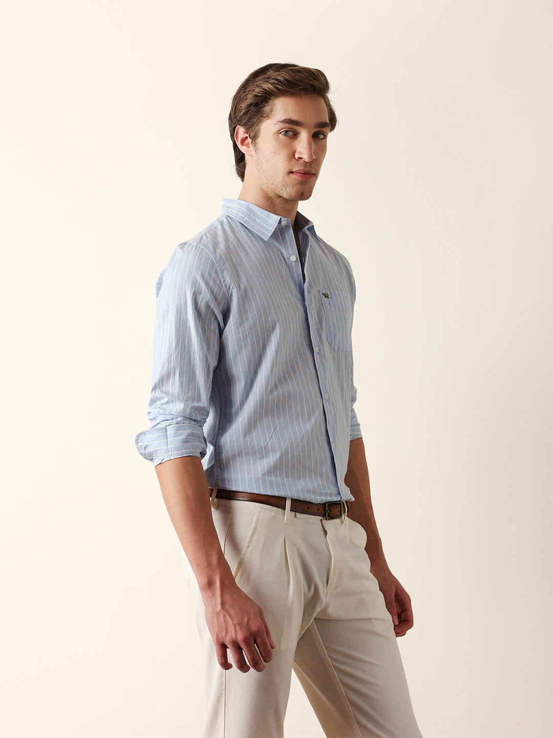 Blue Slim Fit Casual Shirt with White Vertical Stripes