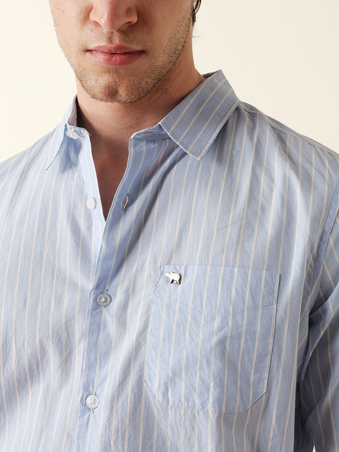 Blue Slim Fit Casual Shirt with White Vertical Stripes