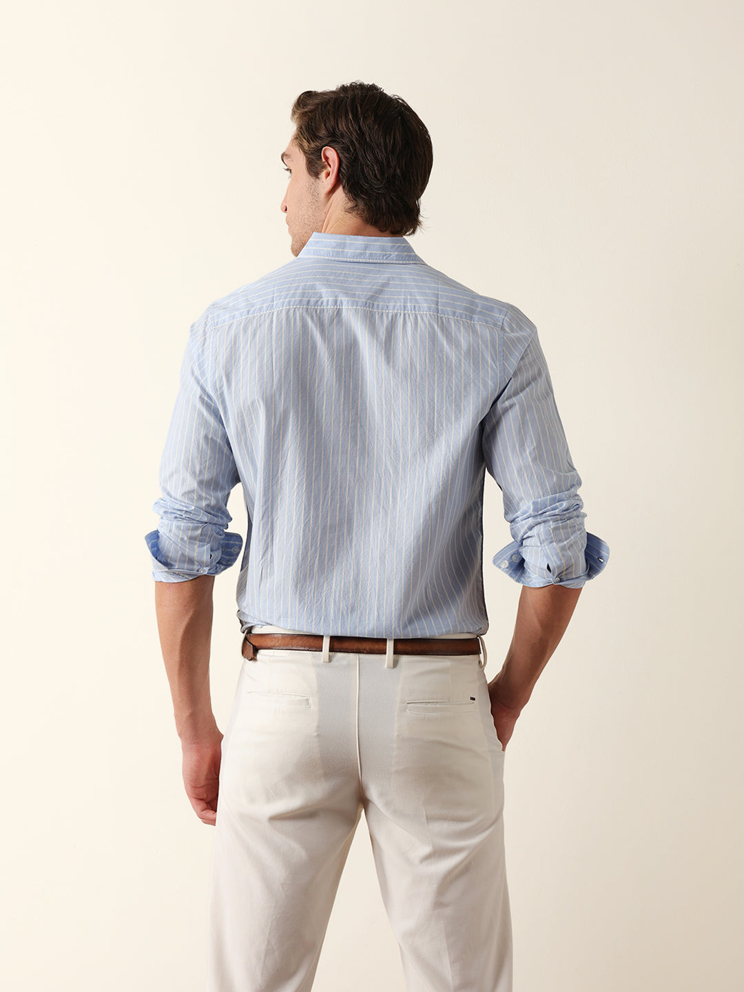 Blue Slim Fit Casual Shirt with White Vertical Stripes