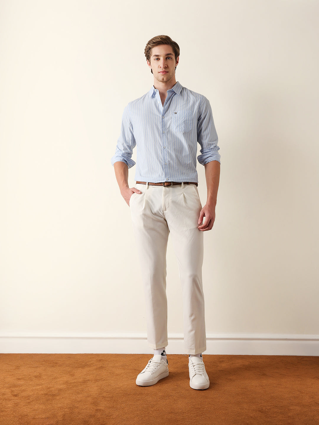 Blue Slim Fit Casual Shirt with White Vertical Stripes