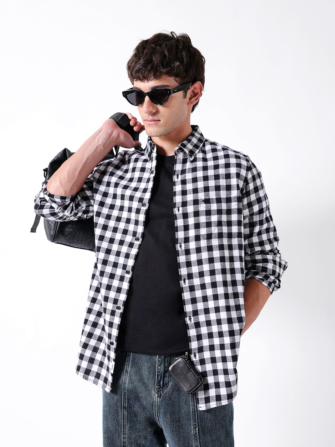 Black & White Flannel Micro-Checked Slim Fit Casual Shirt