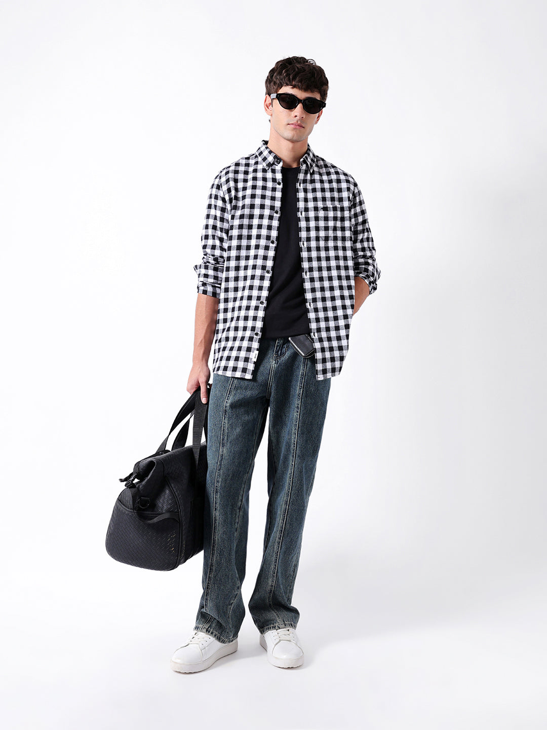 Black & White Flannel Micro-Checked Slim Fit Casual Shirt