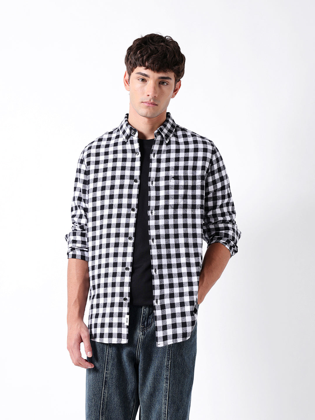 Black & White Flannel Micro-Checked Slim Fit Casual Shirt