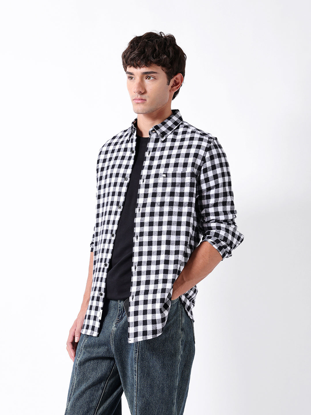 Black & White Flannel Micro-Checked Slim Fit Casual Shirt