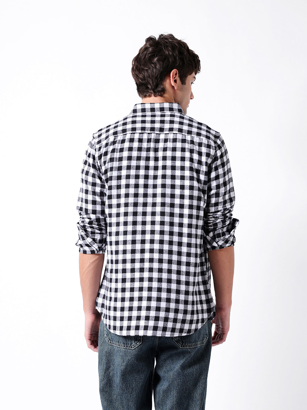 Black & White Flannel Micro-Checked Slim Fit Casual Shirt