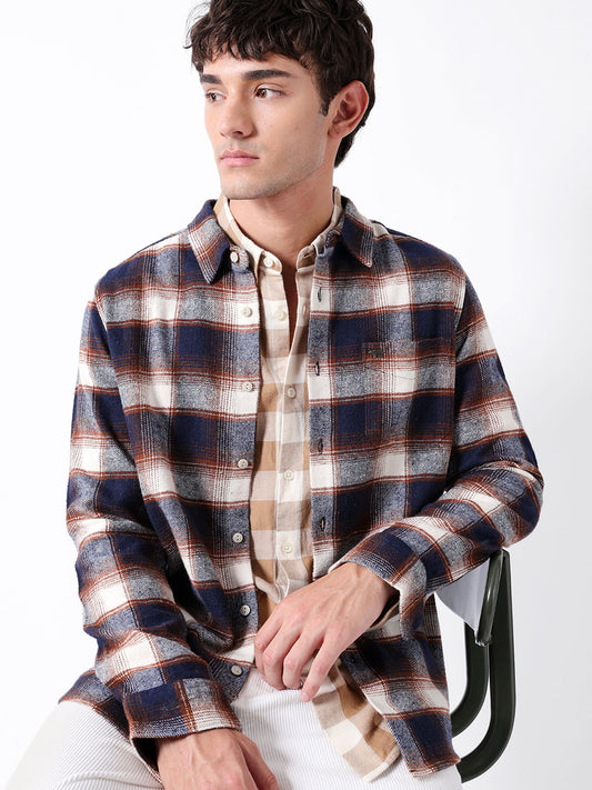 Blue & Brown Regular Fit Woven Check Flannel Casual Shirt