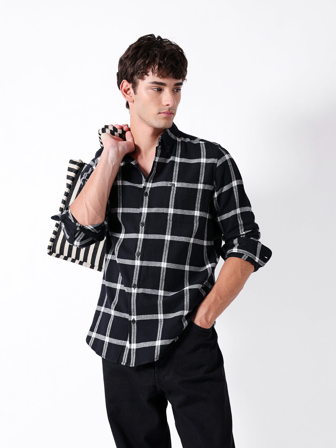 Black & White Flannel Checked Slim Fit Casual Shirt