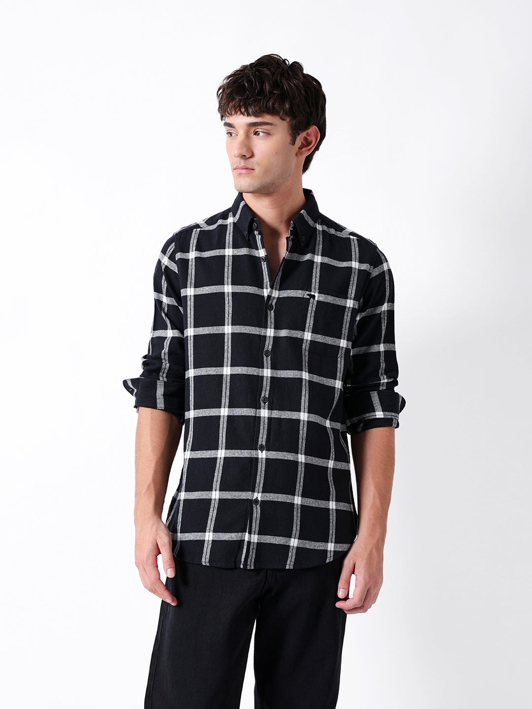 Black & White Flannel Checked Slim Fit Casual Shirt