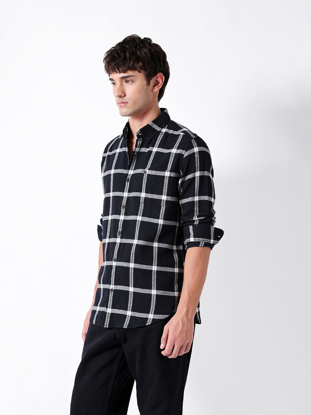 Black & White Flannel Checked Slim Fit Casual Shirt