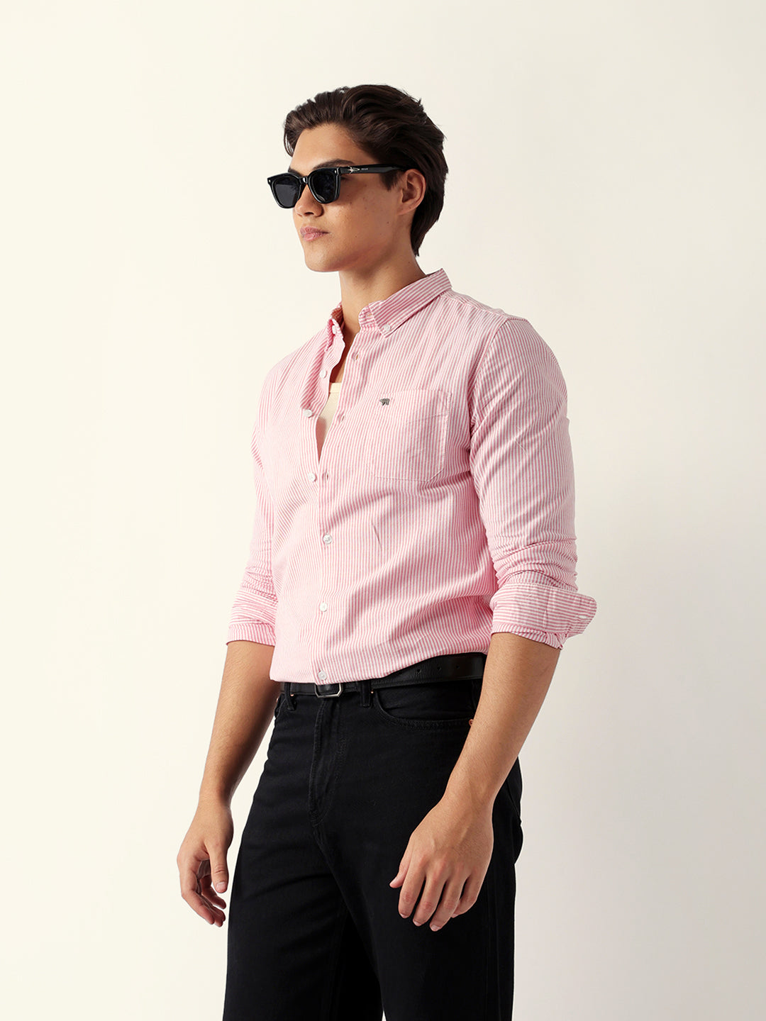 Pink & White Vertical Pinstripe Slim Fit Casual Shirt