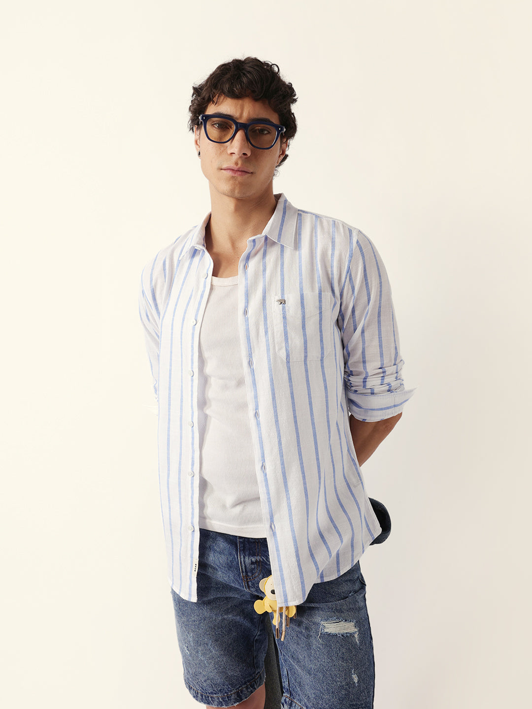 Blue & White Vertical Stripes Slim Fit Casual Shirt