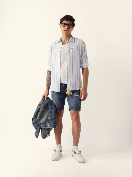Blue & White Vertical Stripes Slim Fit Casual Shirt