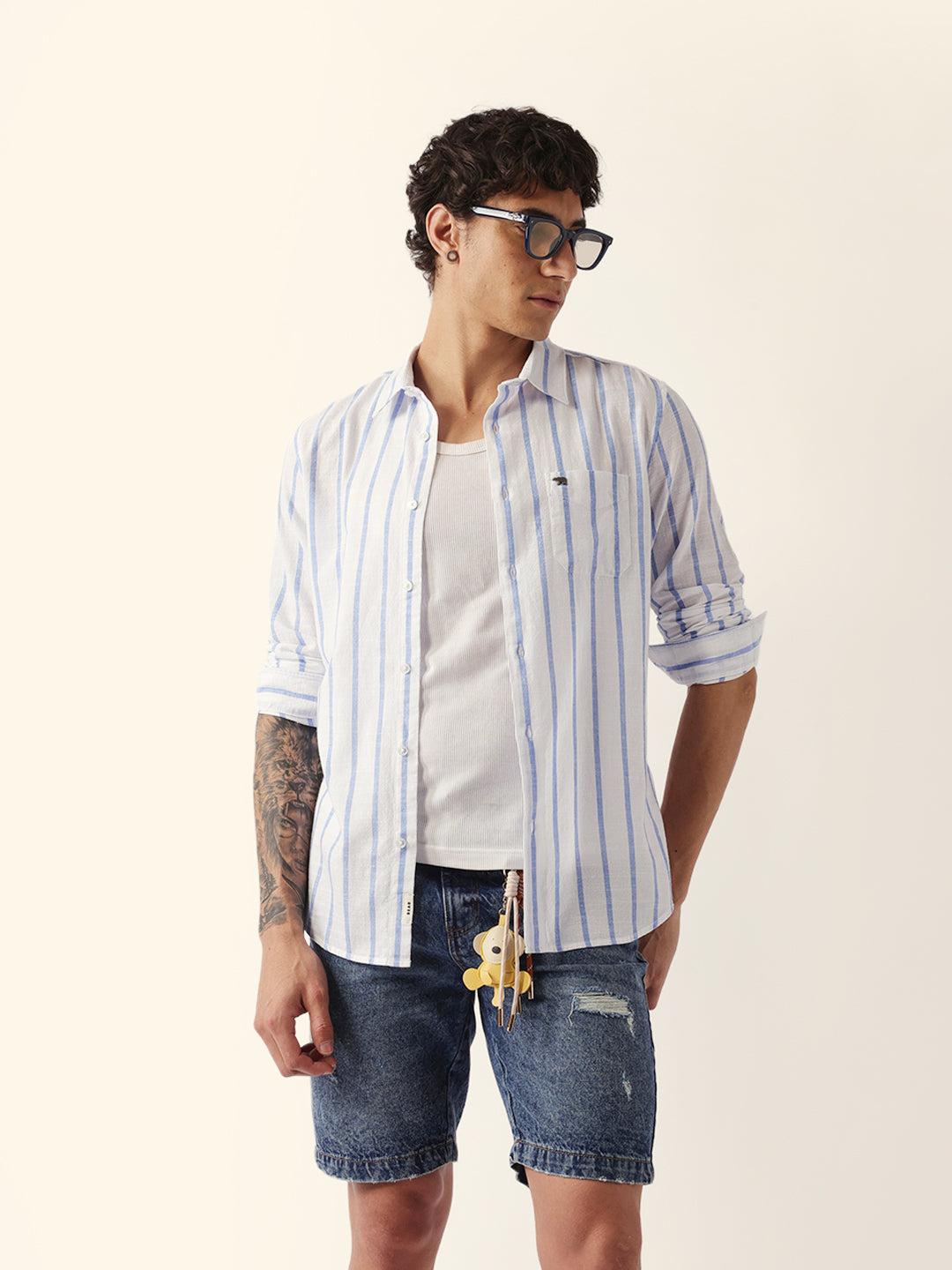 Blue & White Vertical Stripes Slim Fit Casual Shirt