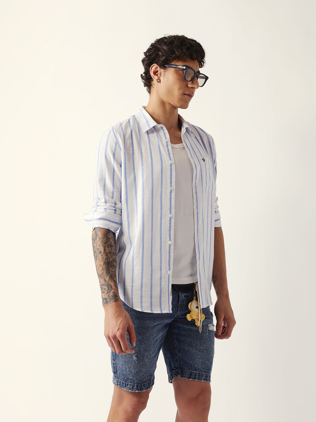Blue & White Vertical Stripes Slim Fit Casual Shirt
