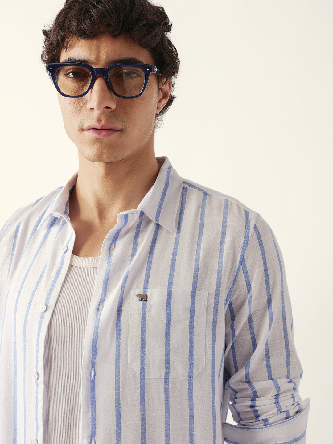 Blue & White Vertical Stripes Slim Fit Casual Shirt