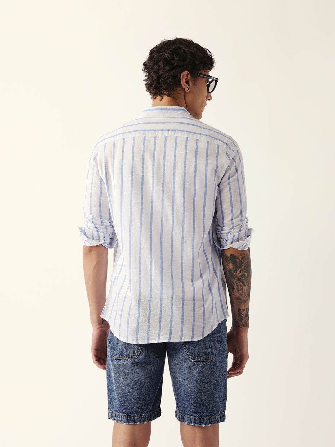 Blue & White Vertical Stripes Slim Fit Casual Shirt